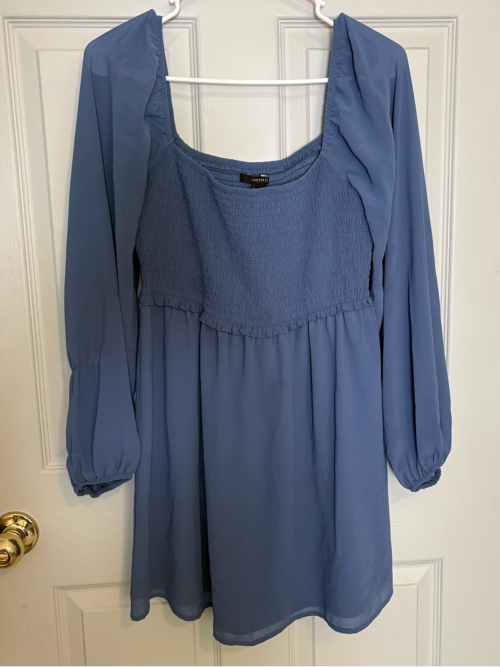 Forever 21 Dusty Blue Smocked Yoke Long-Sleeve Dress